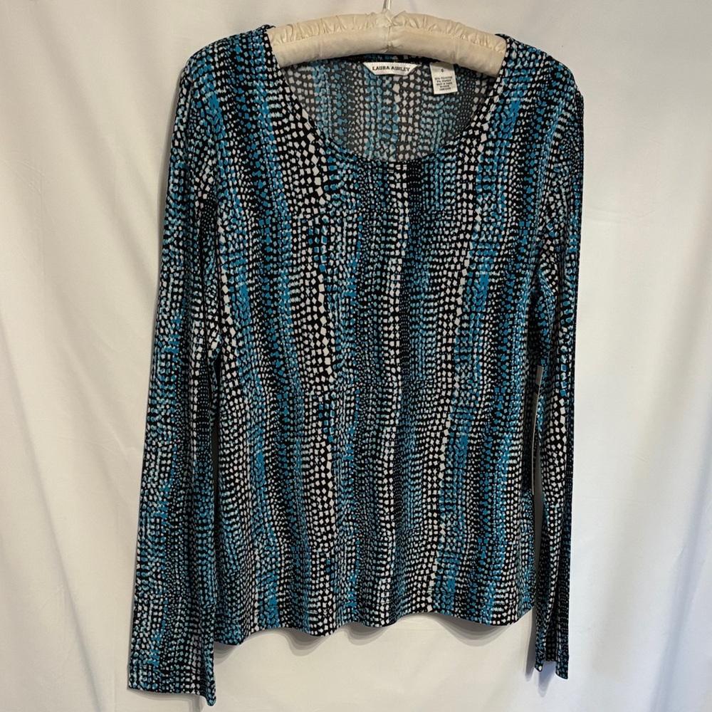 Laura Ashley Geometric Patterned Long Sleeve Top - Blue and Black SZ S NWT